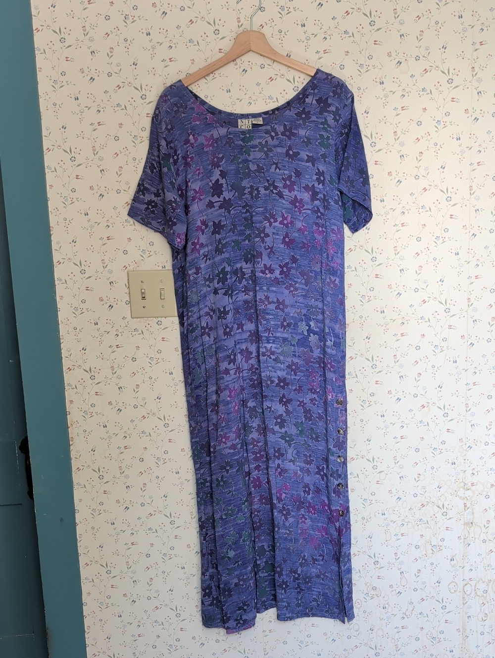 Nomadic Traders Maxi Dress Blue Purple Floral Maxi Large Batik Style Art To Wear